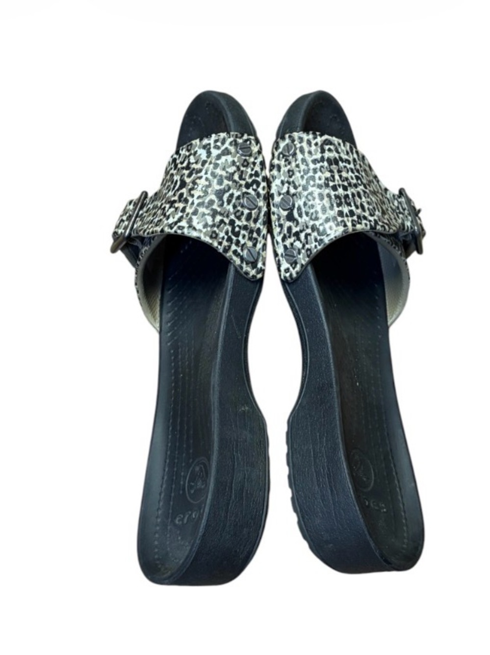 Crocs Sarah Leopard Print Slides Womens 10 Black Beige Buckle Sandals - Picture 7 of 10